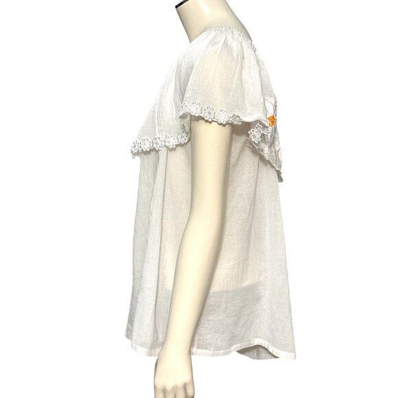 Handmade Off Shoulder White Cotton Blouse Floral Embroidery Back Lace Trim Large - Picture 2 of 7